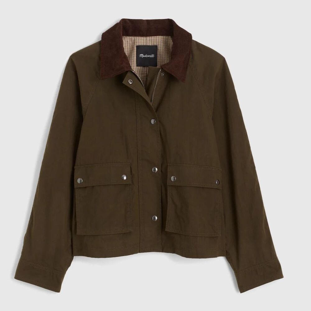Madewell Waxed Cotton Barn Jacket Corduroy Collar Utility Coat Olive L Utility - Picture 2 of 15